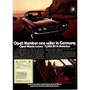 1973 Opel Manta Luxus Sport Coupe Vintage Print Ad Couple on Beach 70s Wall Art